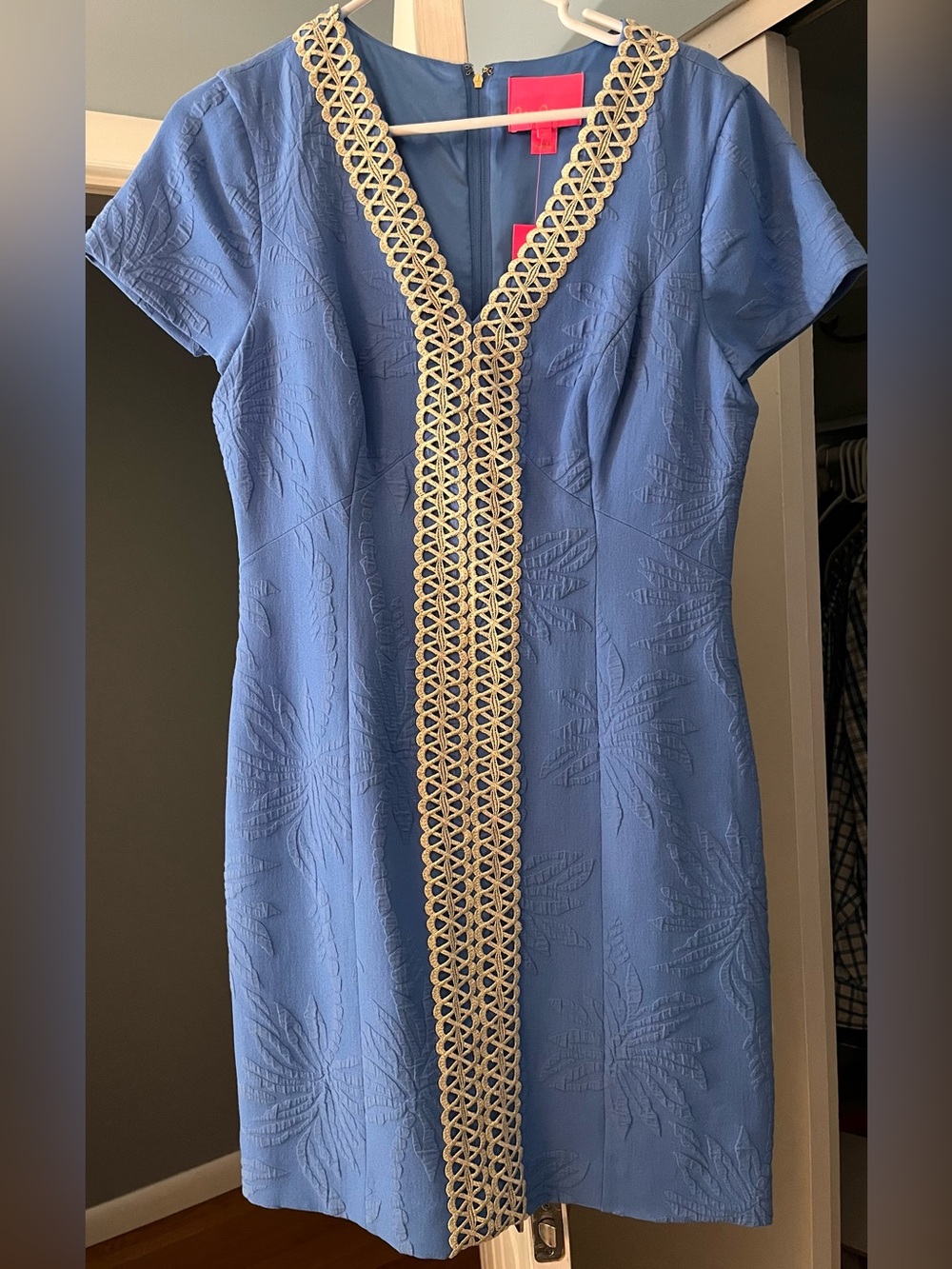 LILLY PULITZER ARIE BENNET BLUE PALM PARADISE PUCKER JACQUARD SHIFDRESS SIZE 8